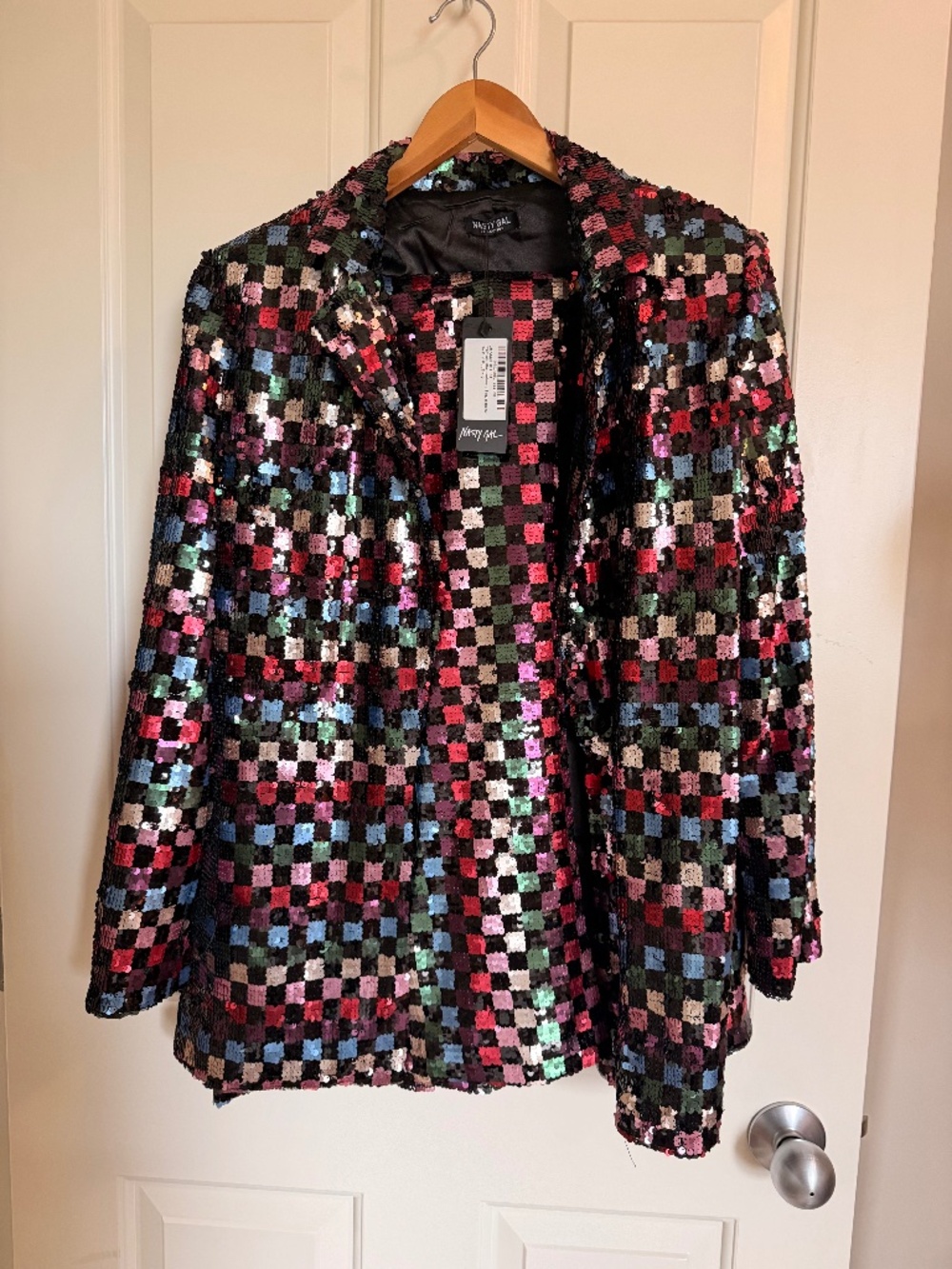 BNWT Nasty Gal Checkerboard Sequin Cropped Blazer and Flared Pants